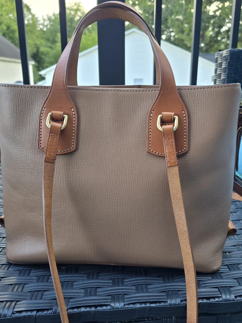 Dooney & Bourke Brown Leather Tote with Tan Trim and Tassel